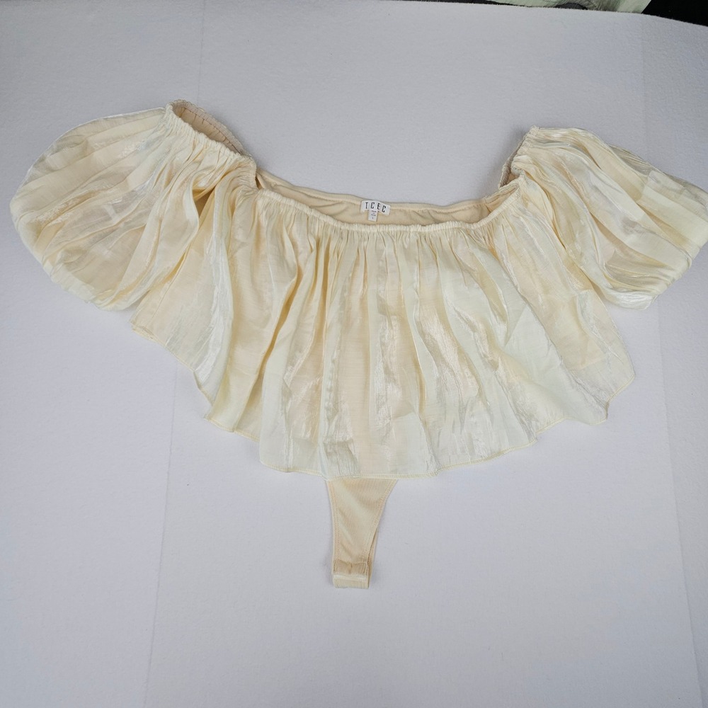 TCEC‎ Off Shoulder Ruffle Puff Sleeve Bodysuit CT8131 Champagne Shimmer Large